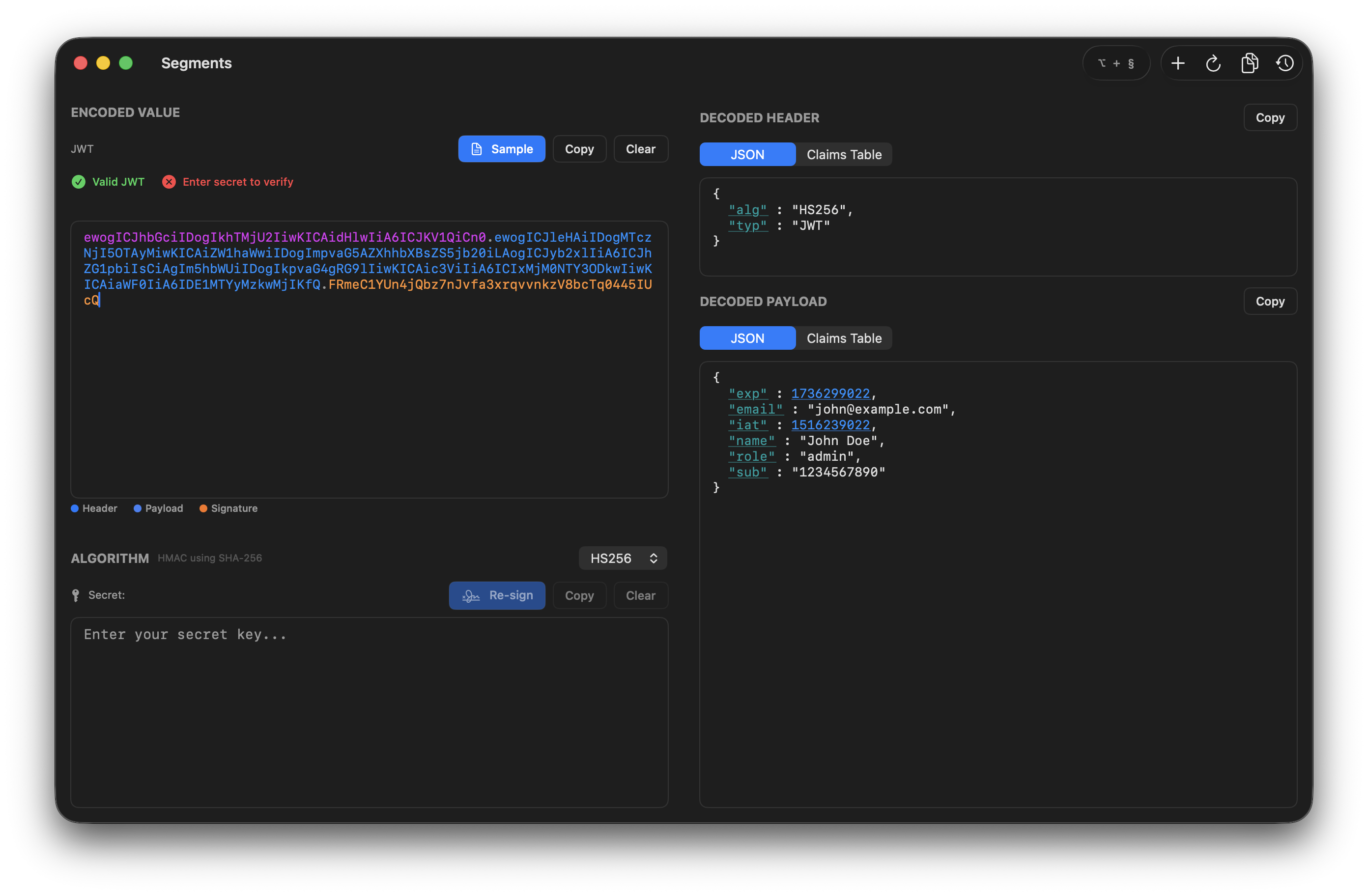 Segments app on macOS showing JWT decoding